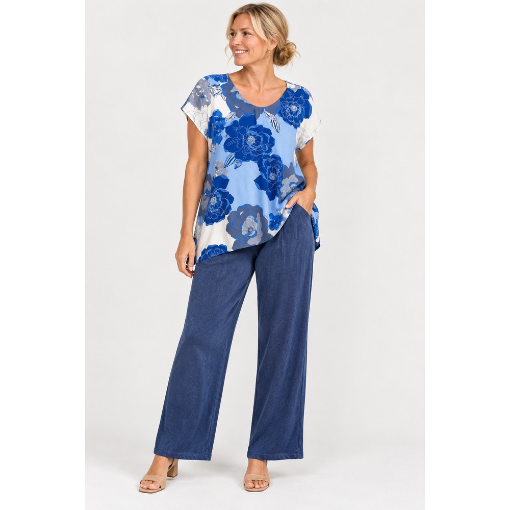 Chico's Womens Blue Floral Tunic Top Size L 12 Blue Sharkbite Hem Casual Flowy